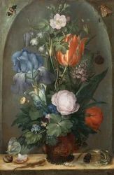 Blumenstillleben mit zwei Eidechsen